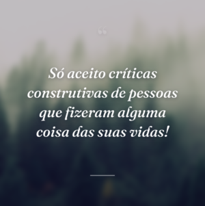 Só aceito críticas construtivas de pessoas que fizeram alguma coisa das suas vidas!