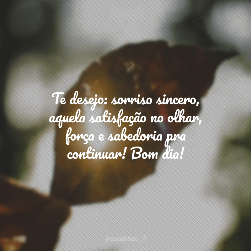 Te desejo: sorriso sincero, aquela satisfação no olhar, força e sabedoria pra continuar! Bom dia!