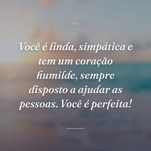 Você é linda, simpática e tem um coração humilde, sempre disposto a ajudar as pessoas. Você é perfeita!