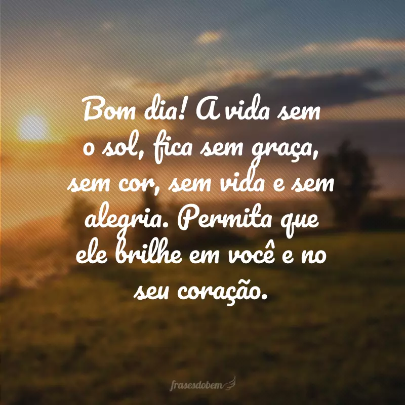 Bom dia! A vida sem o sol, fica sem graça, sem cor, sem vida e sem alegria. Permita que ele brilhe em você e no seu coração.