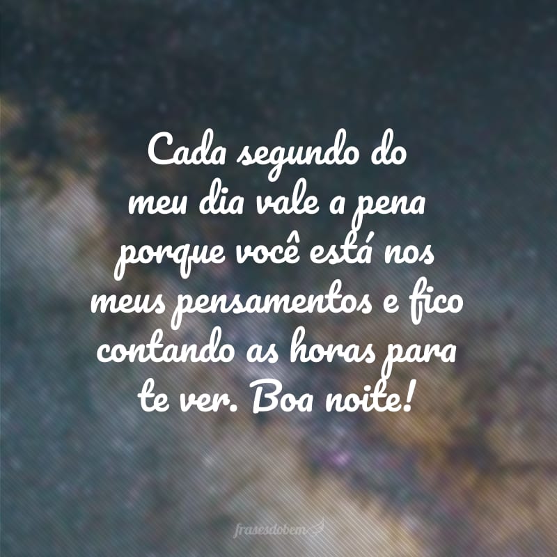 Cada segundo do meu dia vale a pena porque você está nos meus pensamentos e fico contando as horas para te ver. Boa noite!