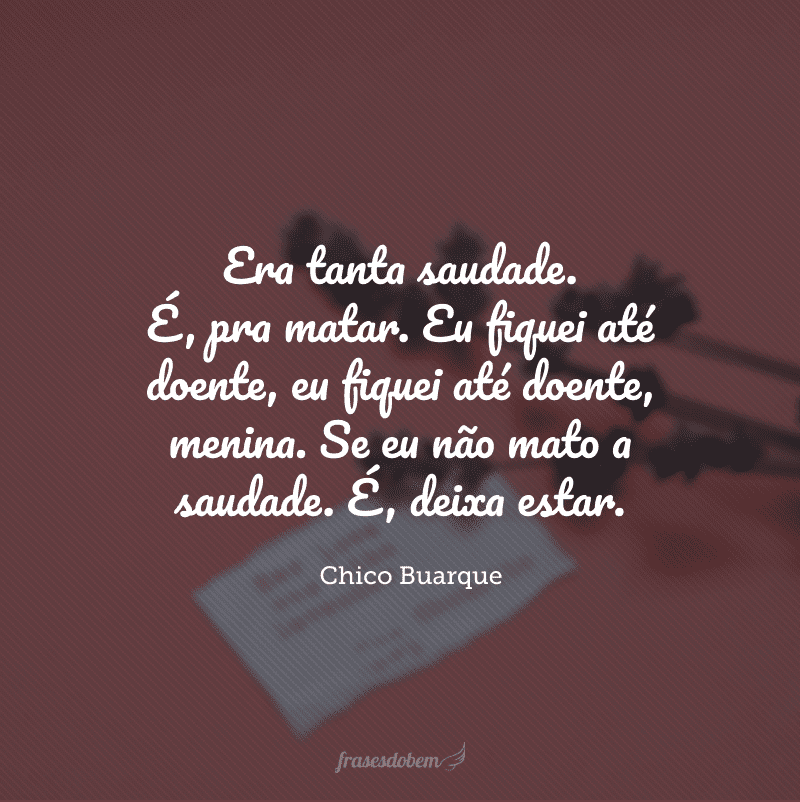 Era tanta saudade. É, pra matar. Eu fiquei até doente, eu fiquei até doente, menina. Se eu não mato a saudade. É, deixa estar.