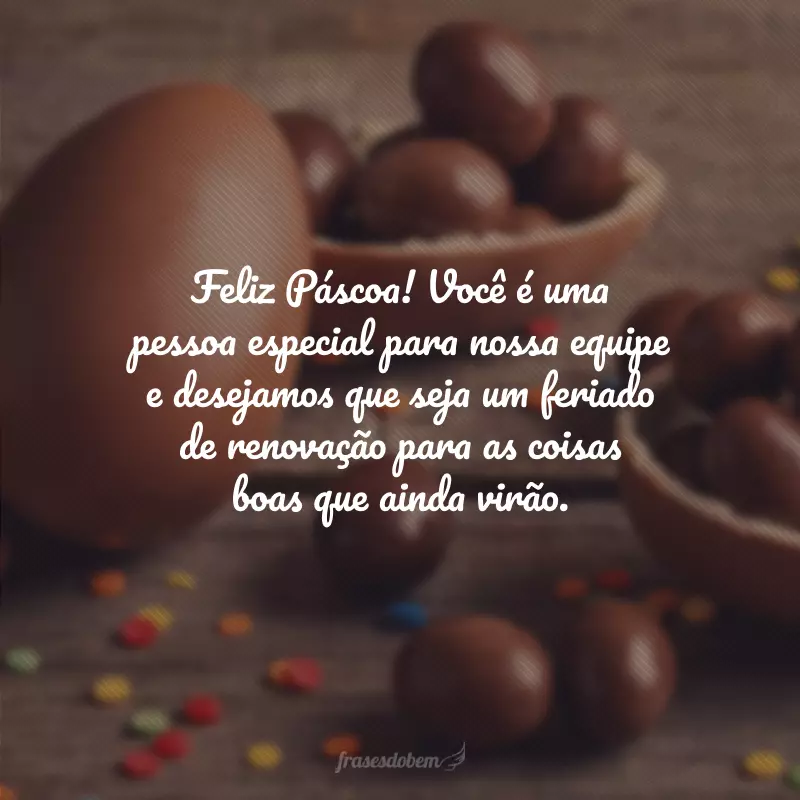 Feliz Páscoa! Você é uma pessoa especial para nossa equipe e desejamos que seja um feriado de renovação para as coisas boas que ainda virão.