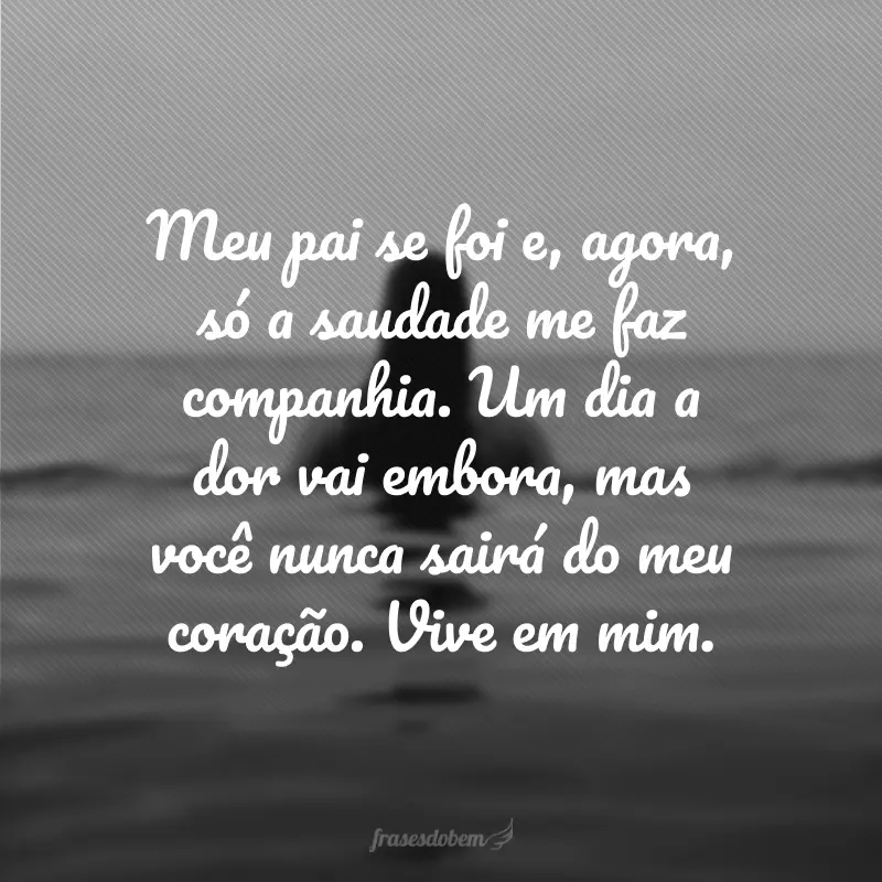 Meu pai se foi e, agora, só a saudade me faz companhia. Um dia a dor vai embora, mas você nunca sairá do meu coração. Vive em mim.