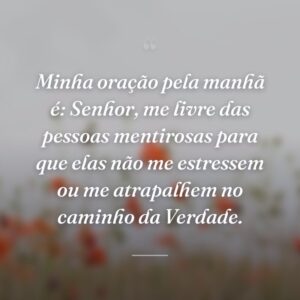 Minha oração pela manhã é: Senhor, me livre das pessoas mentirosas para que elas não me estressem ou me atrapalhem no caminho da Verdade.