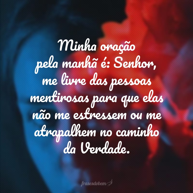 Minha oração pela manhã é: Senhor, me livre das pessoas mentirosas para que elas não me estressem ou me atrapalhem no caminho da Verdade.