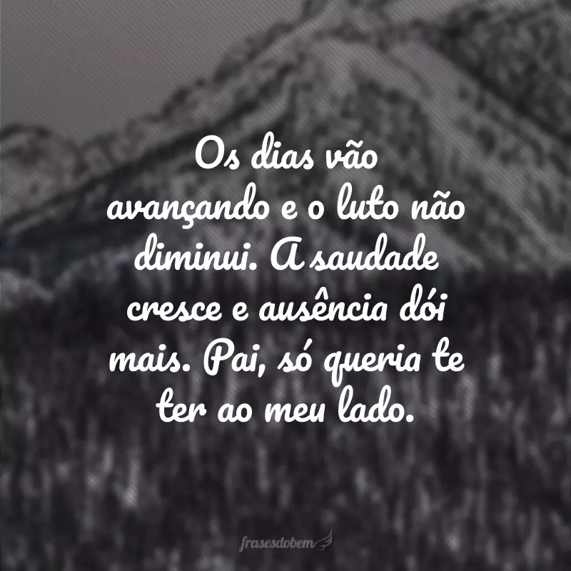 Os dias vão avançando e o luto não diminui. A saudade cresce e ausência dói mais. Pai, só queria te ter ao meu lado.