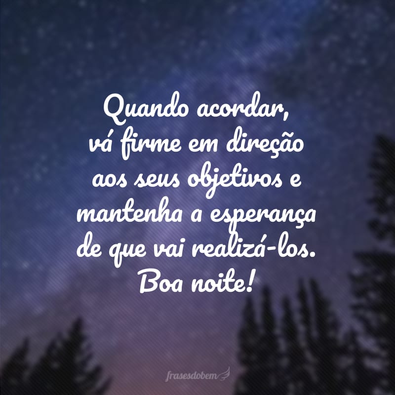 Quando acordar, vá firme em direção aos seus objetivos e mantenha a esperança de que vai realizá-los. Boa noite!