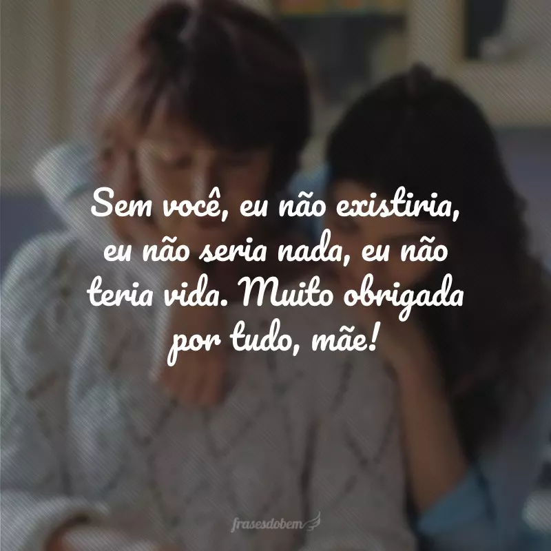 Sem você, eu não existiria, eu não seria nada, eu não teria vida. Muito obrigada por tudo, mãe!