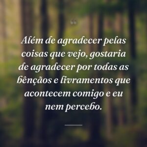 Além de agradecer pelas coisas que vejo, gostaria de agradecer por todas as bênçãos e livramentos que acontecem comigo e eu nem percebo.