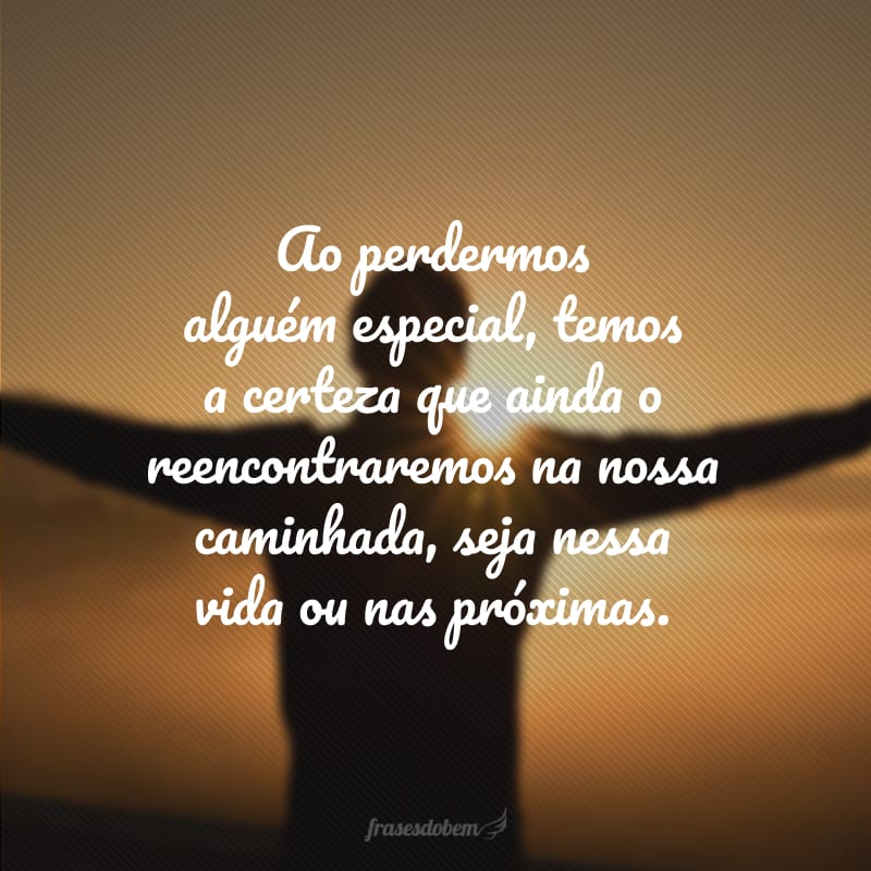 Ao perdermos alguém especial, temos a certeza que ainda o reencontraremos na nossa caminhada, seja nessa vida ou nas próximas.