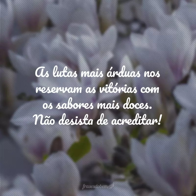 As lutas mais árduas nos reservam as vitórias com os sabores mais doces. Não desista de acreditar!