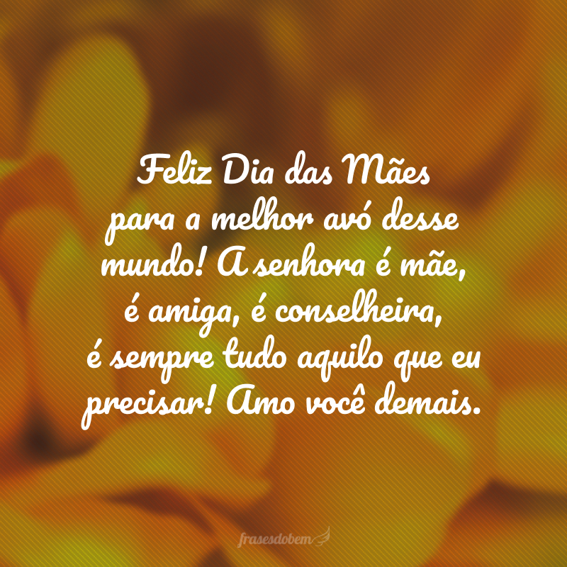 Feliz Dia das Mães para a melhor avó desse mundo! A senhora é mãe, é amiga, é conselheira, é sempre tudo aquilo que eu precisar! Amo você demais.