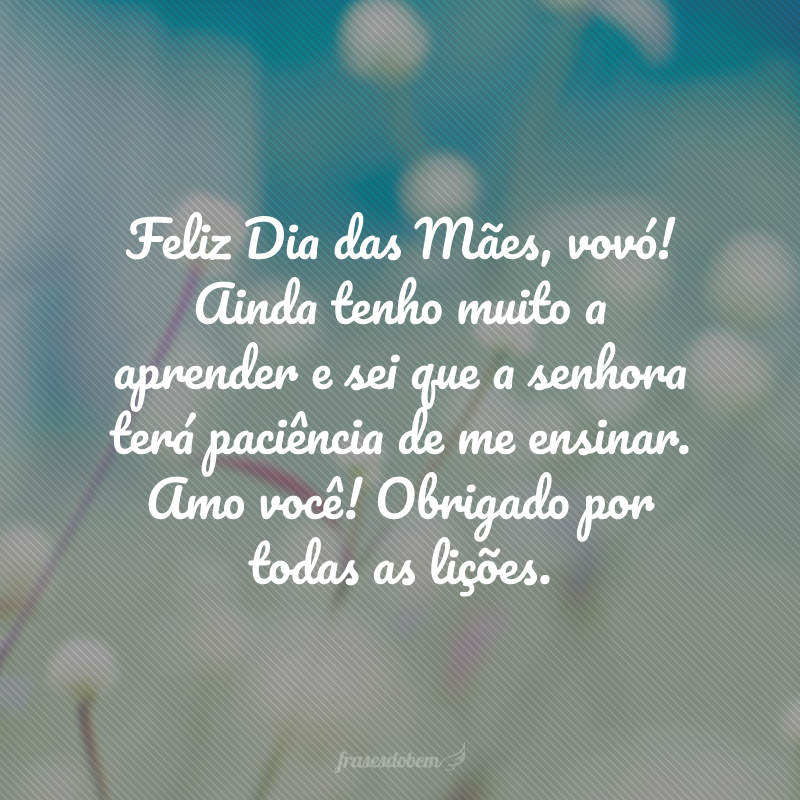 Feliz Dia das Mães, vovó! Ainda tenho muito a aprender e sei que a senhora terá paciência de me ensinar. Amo você! Obrigado por todas as lições.