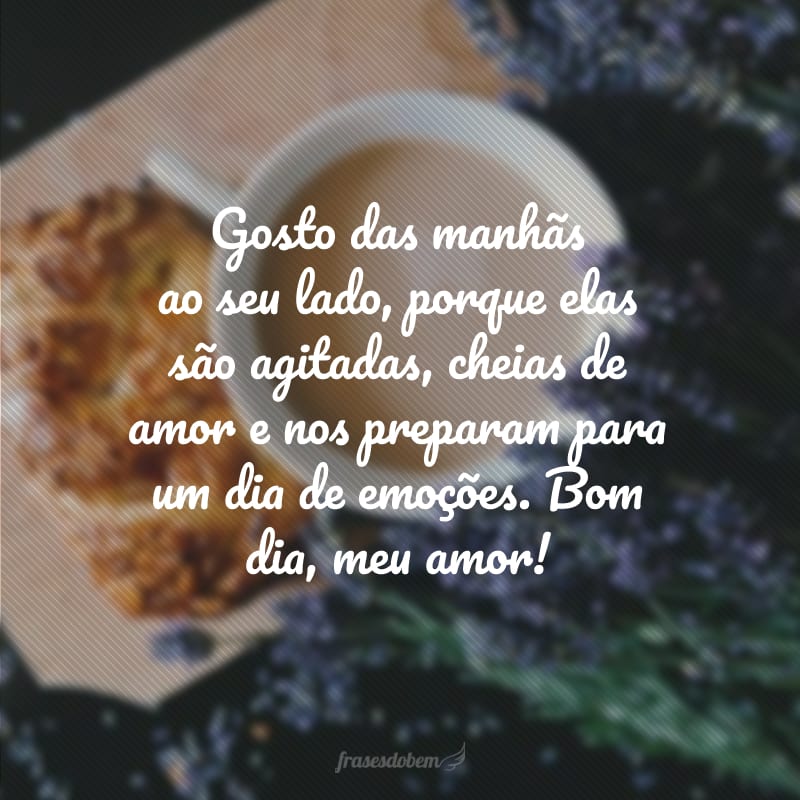 Gosto das manhãs ao seu lado, porque elas são agitadas, cheias de amor e nos preparam para um dia de emoções. Bom dia, meu amor!