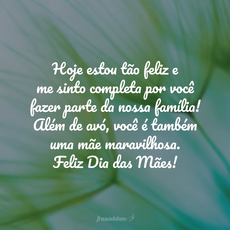 Hoje estou tão feliz e me sinto completa por você fazer parte da nossa família! Além de avó, você é também uma mãe maravilhosa. Feliz Dia das Mães!