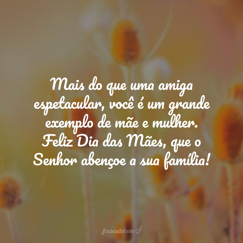 Mais do que uma amiga espetacular, você é um grande exemplo de mãe e mulher. Feliz Dia das Mães, que o Senhor abençoe a sua família!