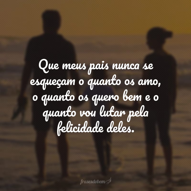 Que meus pais nunca se esqueçam o quanto os amo, o quanto os quero bem e o quanto vou lutar pela felicidade deles.