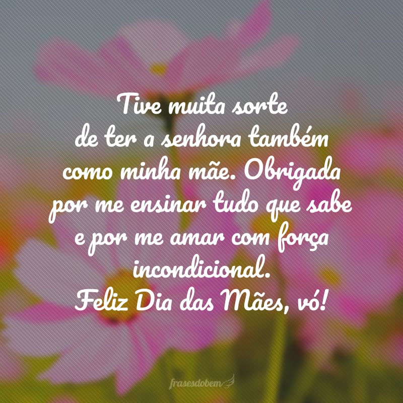 Tive muita sorte de ter a senhora também como minha mãe. Obrigada por me ensinar tudo que sabe e por me amar com força incondicional. Feliz Dia das Mães, vó!