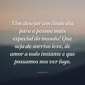 Vim desejar um lindo dia para a pessoa mais especial do mundo! Que seja de sorriso leve, de amor a todo instante e que possamos nos ver logo.