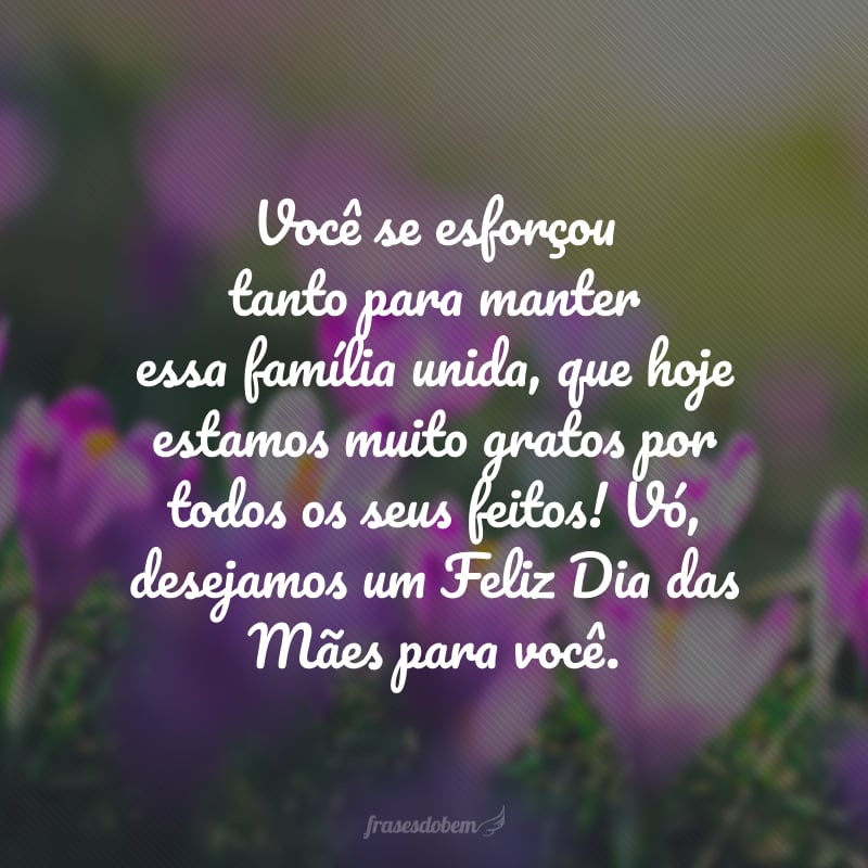 Você se esforçou tanto para manter essa família unida, que hoje estamos muito gratos por todos os seus feitos! Vó, desejamos um Feliz Dia das Mães para você.