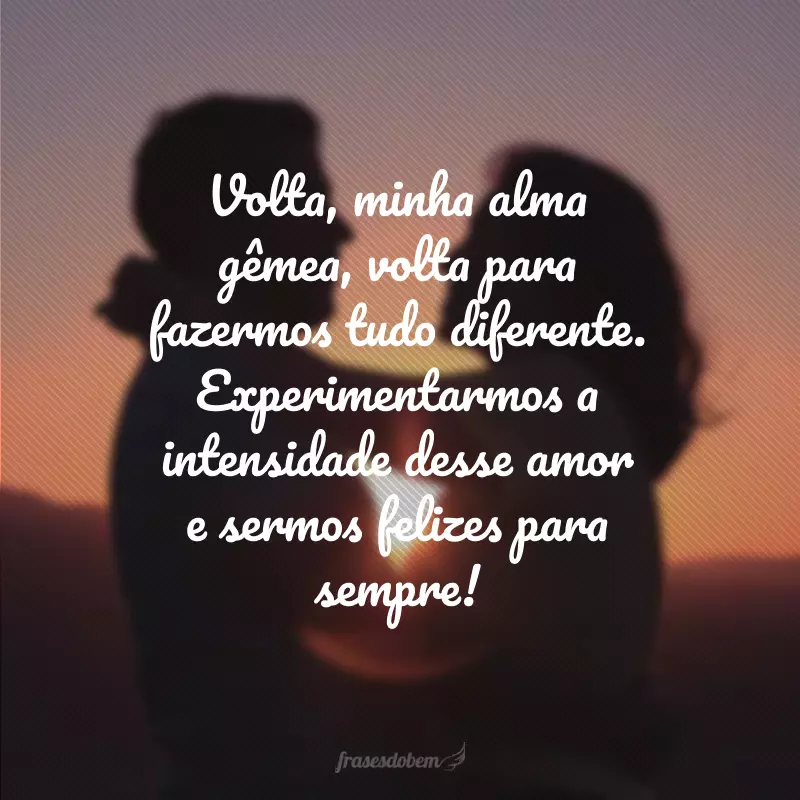 Volta, minha alma gêmea, volta para fazermos tudo diferente. Experimentarmos a intensidade desse amor e sermos felizes para sempre!