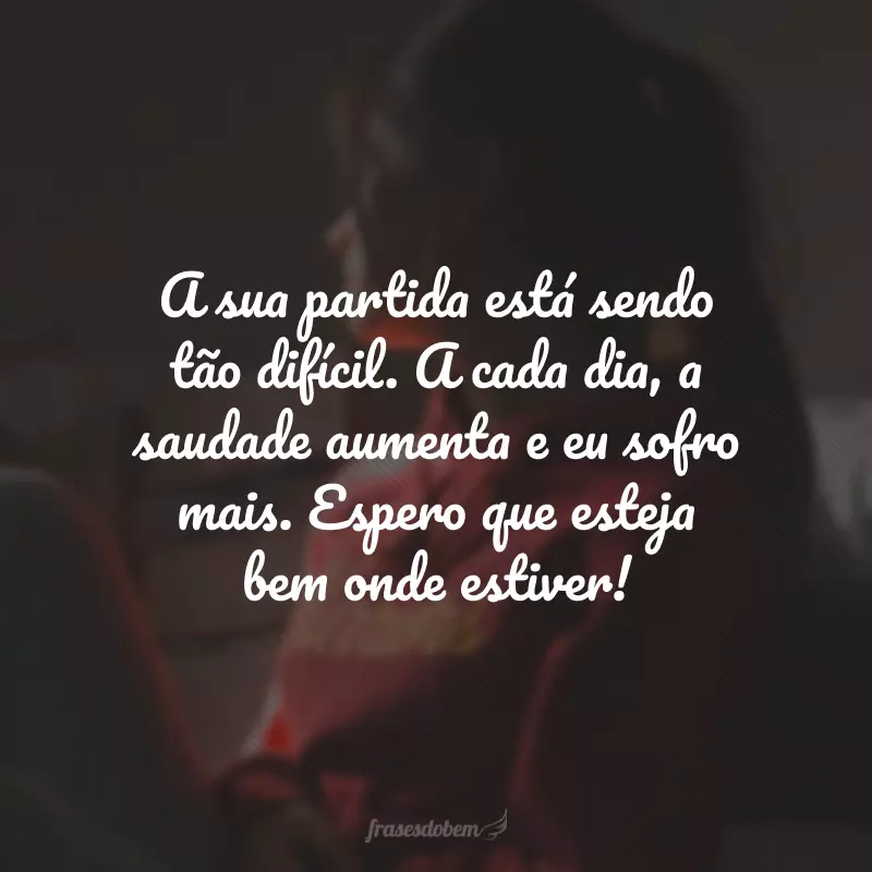 A sua partida está sendo tão difícil. A cada dia, a saudade aumenta e eu sofro mais. Espero que esteja bem onde estiver!