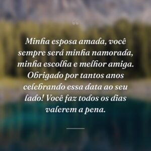 Minha esposa amada, você sempre será minha namorada, minha escolha e melhor amiga. Obrigado por tantos anos celebrando essa data ao seu lado! Você faz todos os dias valerem a pena.