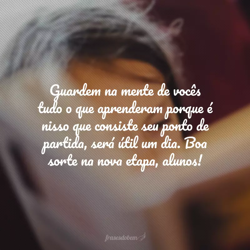 Guardem na mente de vocês tudo o que aprenderam porque é nisso que consiste seu ponto de partida, será útil um dia. Boa sorte na nova etapa, alunos!