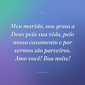 Meu marido, sou grata a Deus pela sua vida, pelo nosso casamento e por sermos tão parceiros. Amo você! Boa noite!