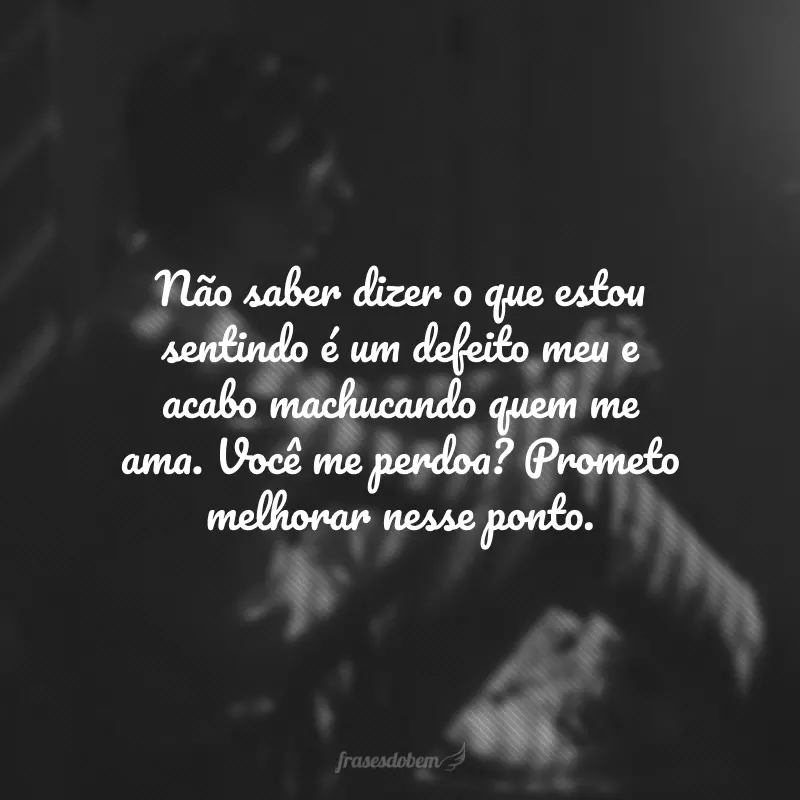 Não saber dizer o que estou sentindo é um defeito meu e acabo machucando quem me ama. Você me perdoa? Prometo melhorar nesse ponto.