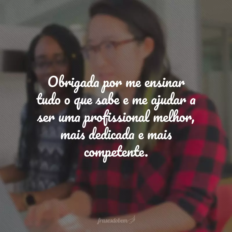 Obrigada por me ensinar tudo o que sabe e me ajudar a ser uma profissional melhor, mais dedicada e mais competente.