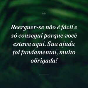 Reerguer-se não é fácil e só consegui porque você estava aqui. Sua ajuda foi fundamental, muito obrigada!