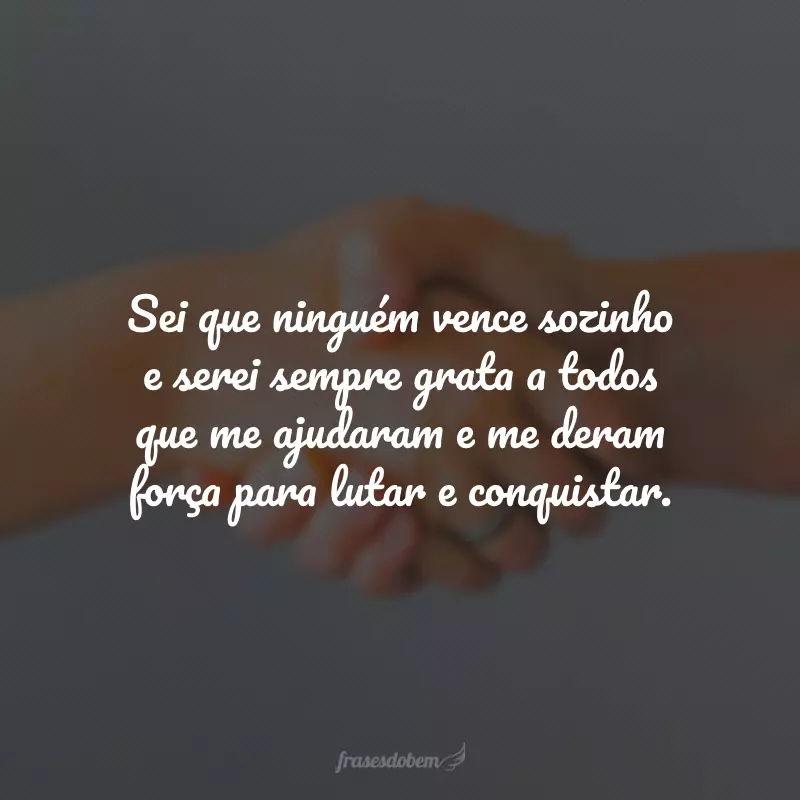 Sei que ninguém vence sozinho e serei sempre grata a todos que me ajudaram e me deram força para lutar e conquistar.