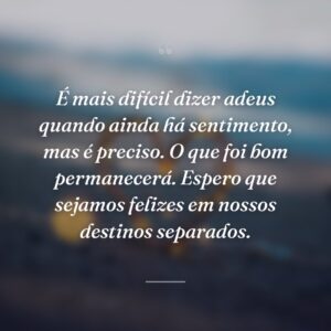 É mais difícil dizer adeus quando ainda há sentimento, mas é preciso. O que foi bom permanecerá. Espero que sejamos felizes em nossos destinos separados.
