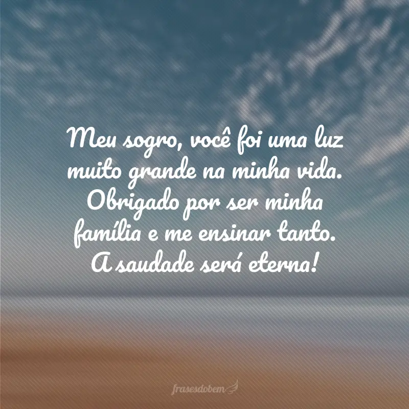 Meu sogro, você foi uma luz muito grande na minha vida. Obrigado por ser minha família e me ensinar tanto. A saudade será eterna!