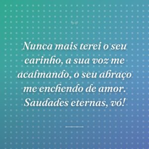 Nunca mais terei o seu carinho, a sua voz me acalmando, o seu abraço me enchendo de amor. Saudades eternas, vó!