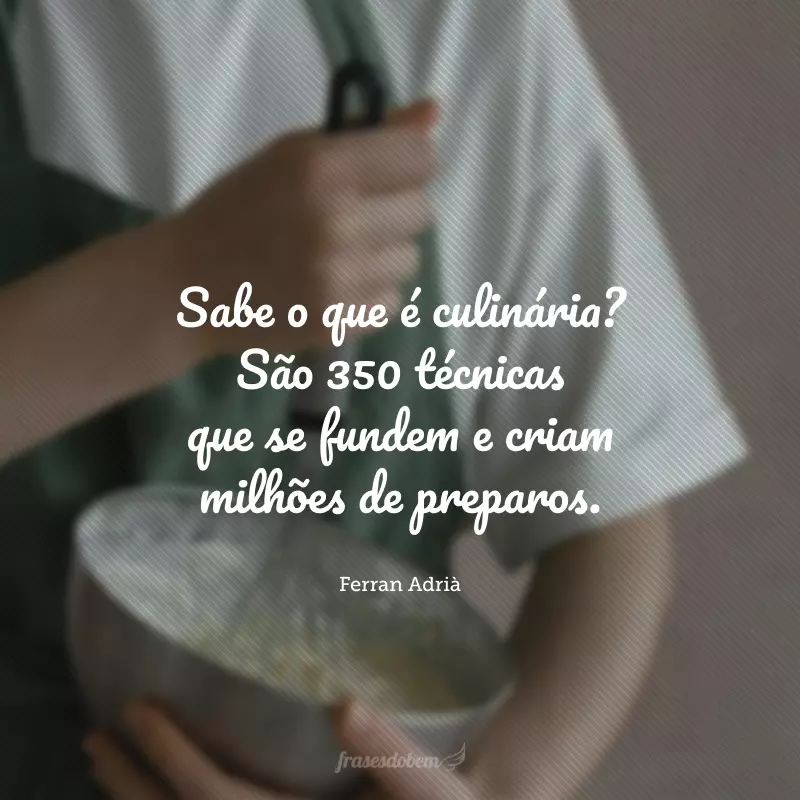 Sabe o que é culinária? São 350 técnicas que se fundem e criam milhões de preparos.