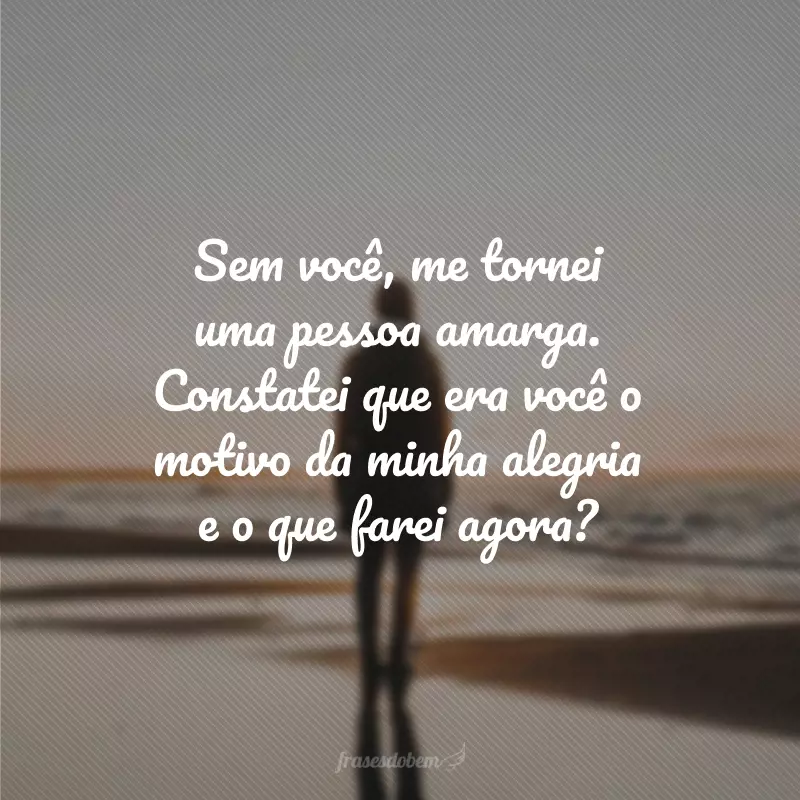 Sem você, me tornei uma pessoa amarga. Constatei que era você o motivo da minha alegria e o que farei agora?