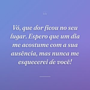 Vó, que dor ficou no seu lugar. Espero que um dia me acostume com a sua ausência, mas nunca me esquecerei de você!