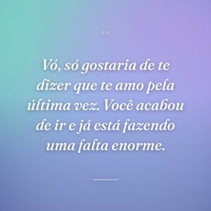 Vó, só gostaria de te dizer que te amo pela última vez. Você acabou de ir e já está fazendo uma falta enorme.