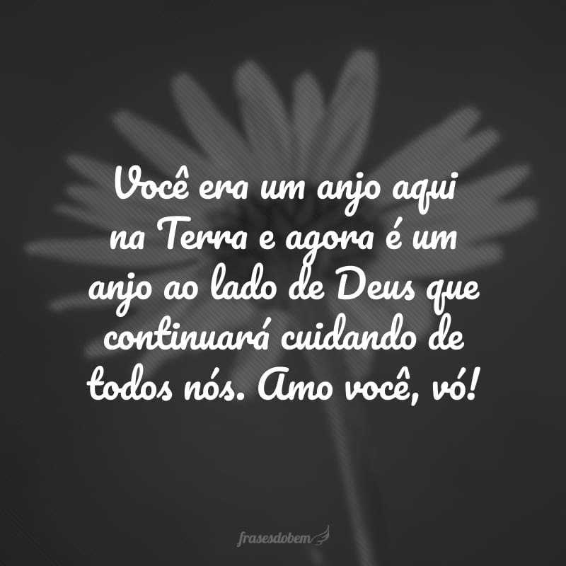 Você era um anjo aqui na Terra e agora é um anjo ao lado de Deus que continuará cuidando de todos nós. Amo você, vó!