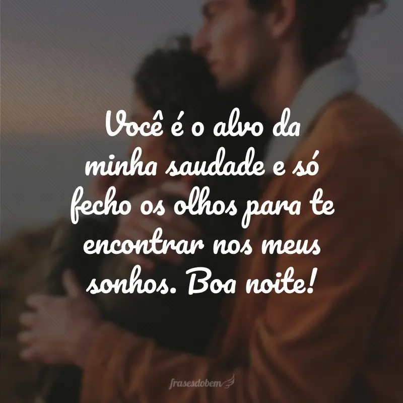 Você é o alvo da minha saudade e só fecho os olhos para te encontrar nos meus sonhos. Boa noite!