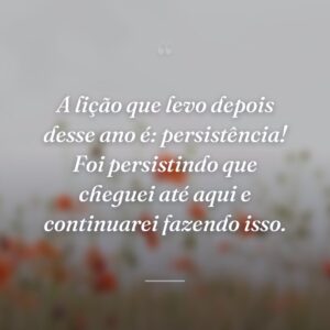 A lição que levo depois desse ano é: persistência! Foi persistindo que cheguei até aqui e continuarei fazendo isso.
