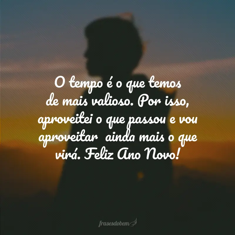 O tempo é o que temos de mais valioso. Por isso, aproveitei o que passou e vou aproveitar  ainda mais o que virá. Feliz Ano Novo!