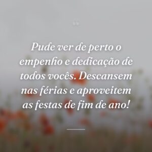 Pude ver de perto o empenho e dedicação de todos vocês. Descansem nas férias e aproveitem as festas de fim de ano!