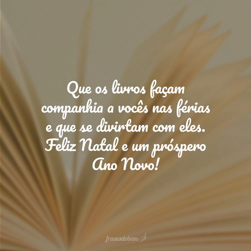 Que os livros façam companhia a vocês nas férias e que se divirtam com eles. Feliz Natal e um próspero Ano Novo!