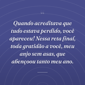 Quando acreditava que tudo estava perdido, você apareceu! Nessa reta final, toda gratidão a você, meu anjo sem asas, que abençoou tanto meu ano.