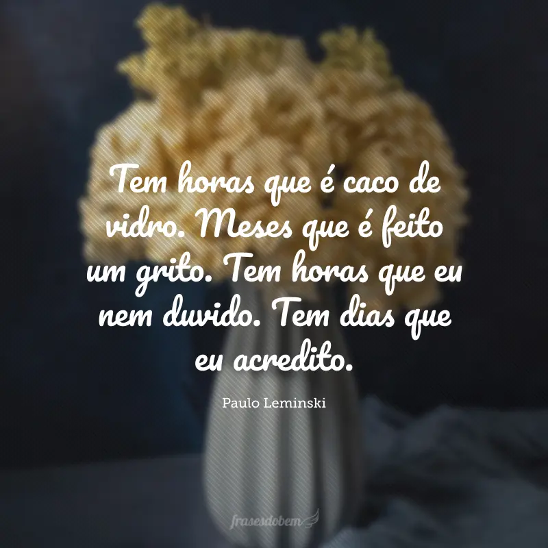 Tem horas que é caco de vidro. Meses que é feito um grito. Tem horas que eu nem duvido. Tem dias que eu acredito.