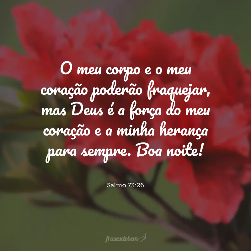 O meu corpo e o meu coração poderão fraquejar, mas Deus é a força do meu coração e a minha herança para sempre. Boa noite!